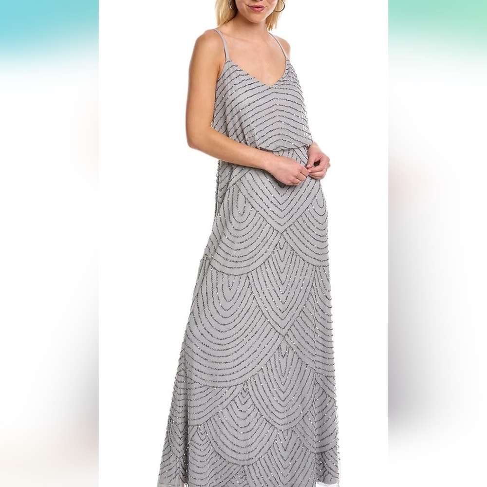 Adrianna Papell MOB Art Deco Beaded Gown - Dusty Blue size 10